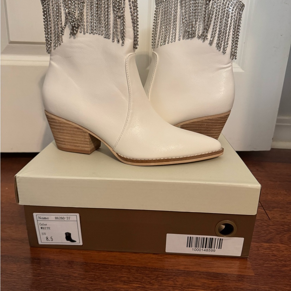 White Fringe Ankle Boots NEVER WORN